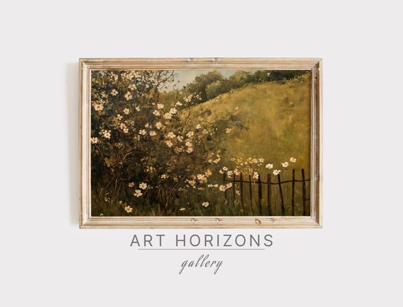 Moody Landscape Oil Painting Country House Wall Art Earth Toned Decor Instant Farm Blooming Tree Spring Wild Nature Village A378