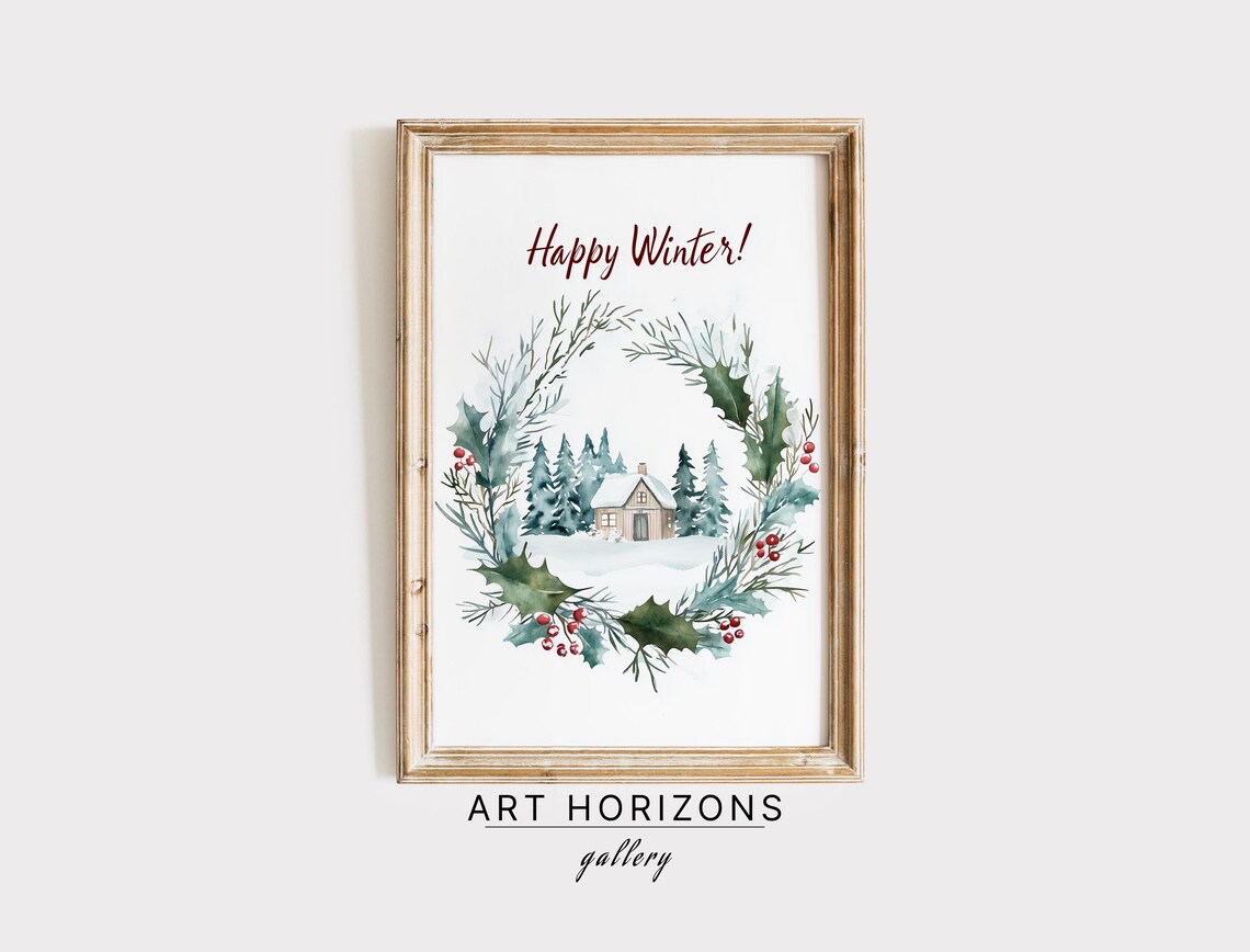 Happy Winter Watercolor Wreath Holly Cabin Snowy Scene Print