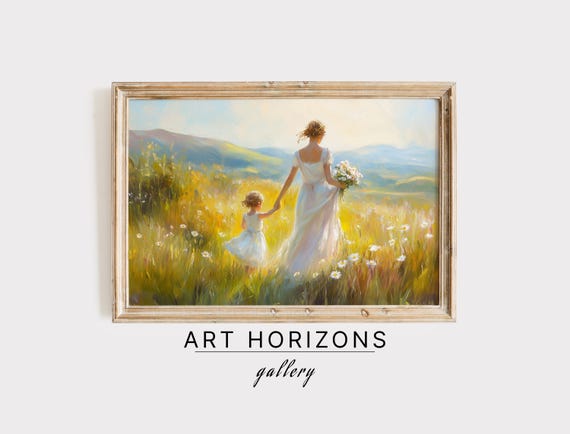 Mother And Daughter Oil Painting Sunlit Meadow Wall Art Landscape Art Womens Day Gift Print Mothers Day Decor A262