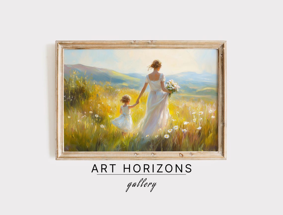 Mother And Child Walking Through Sunlit Daisy Meadow Art Poster
