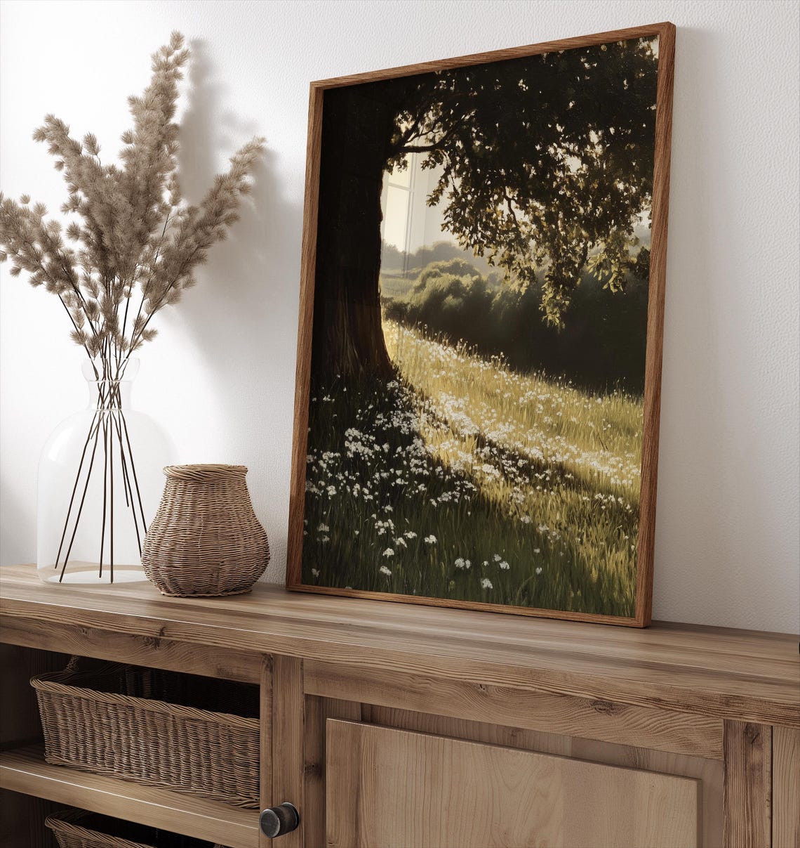Sunlit Wildflower Meadow Under Big Tree Vintage Pastoral Landscape Art - Image 3