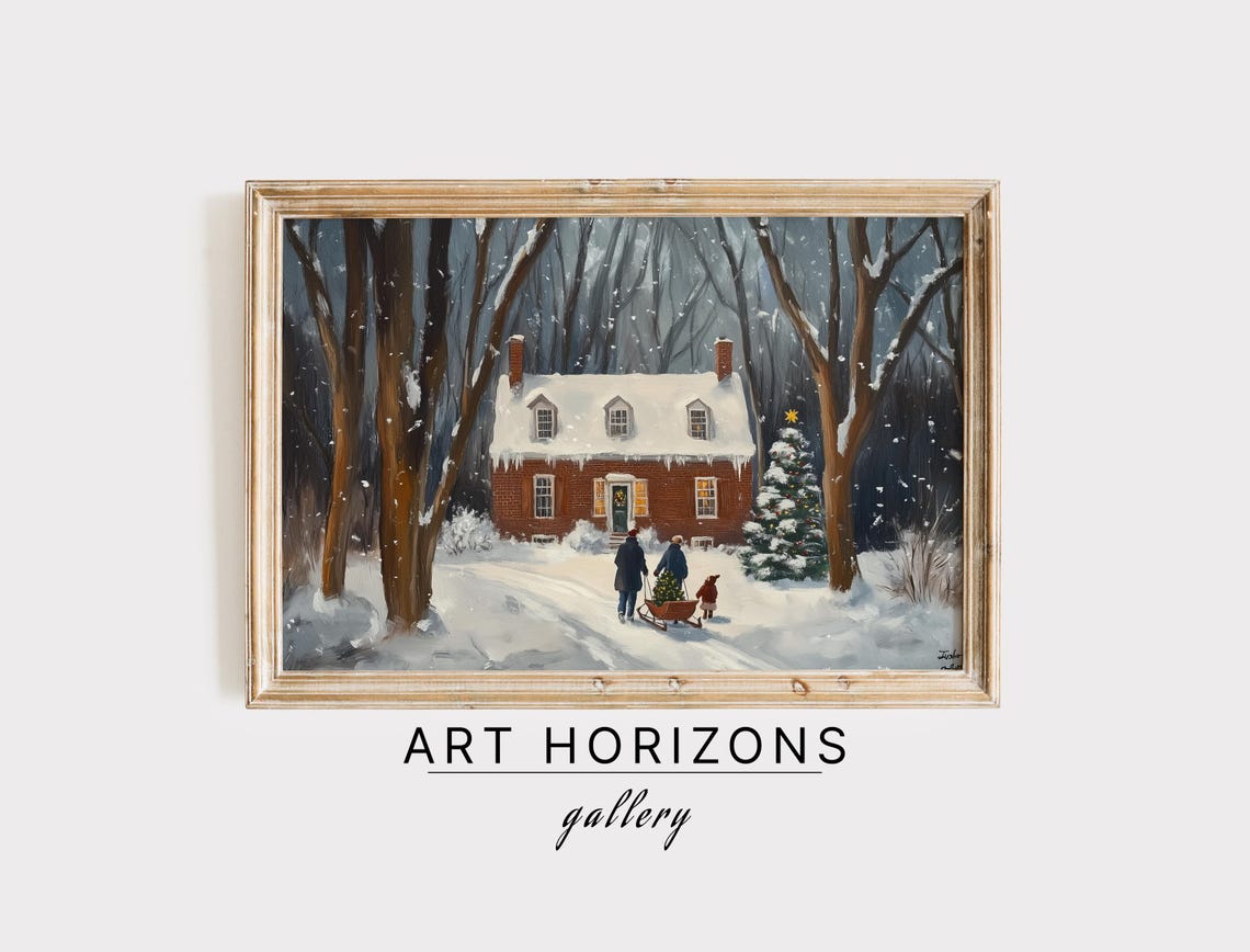 Snowy Brick Colonial House In Woods Christmas Tree Dusk Poster