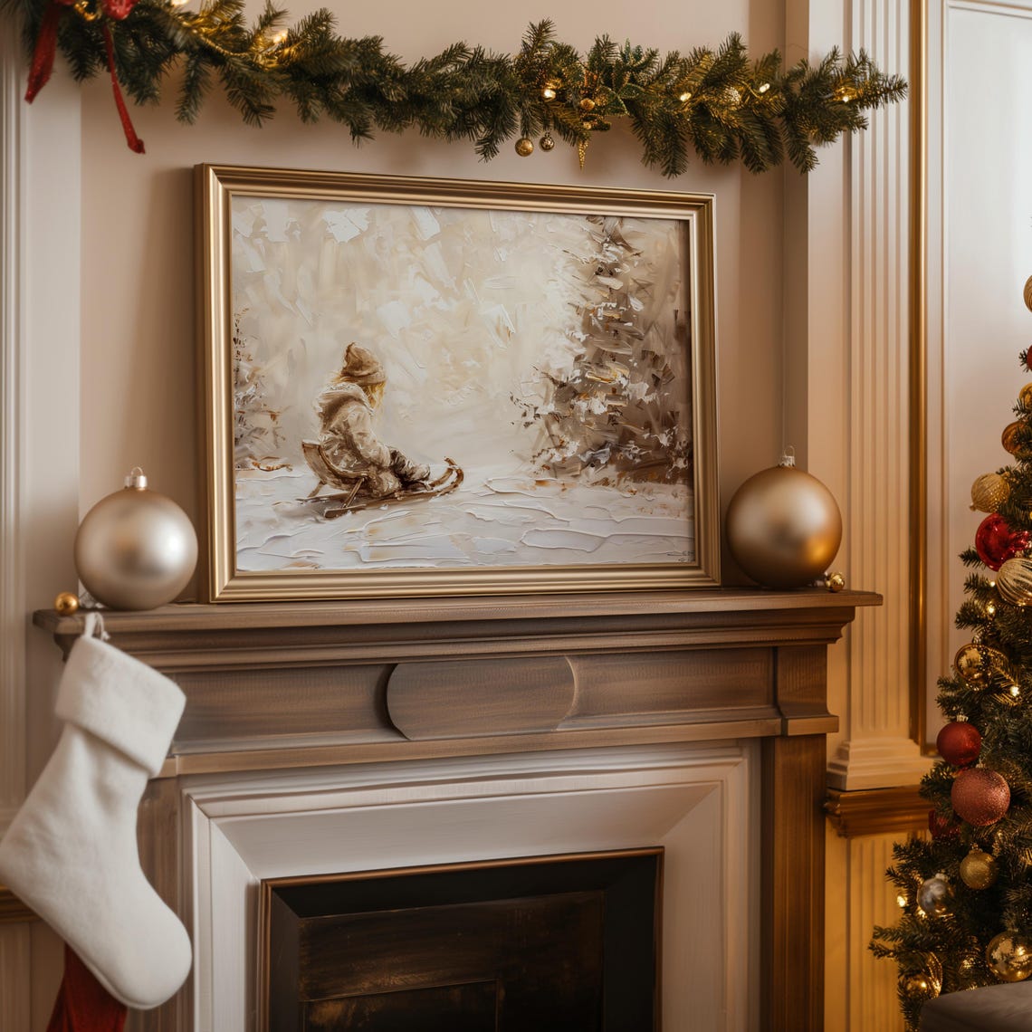 Vintage Christmas Wall Art Vintage Girl On Sled Painting Christmas Print Holiday Decor Art Christmas Painting A37 - Image 3