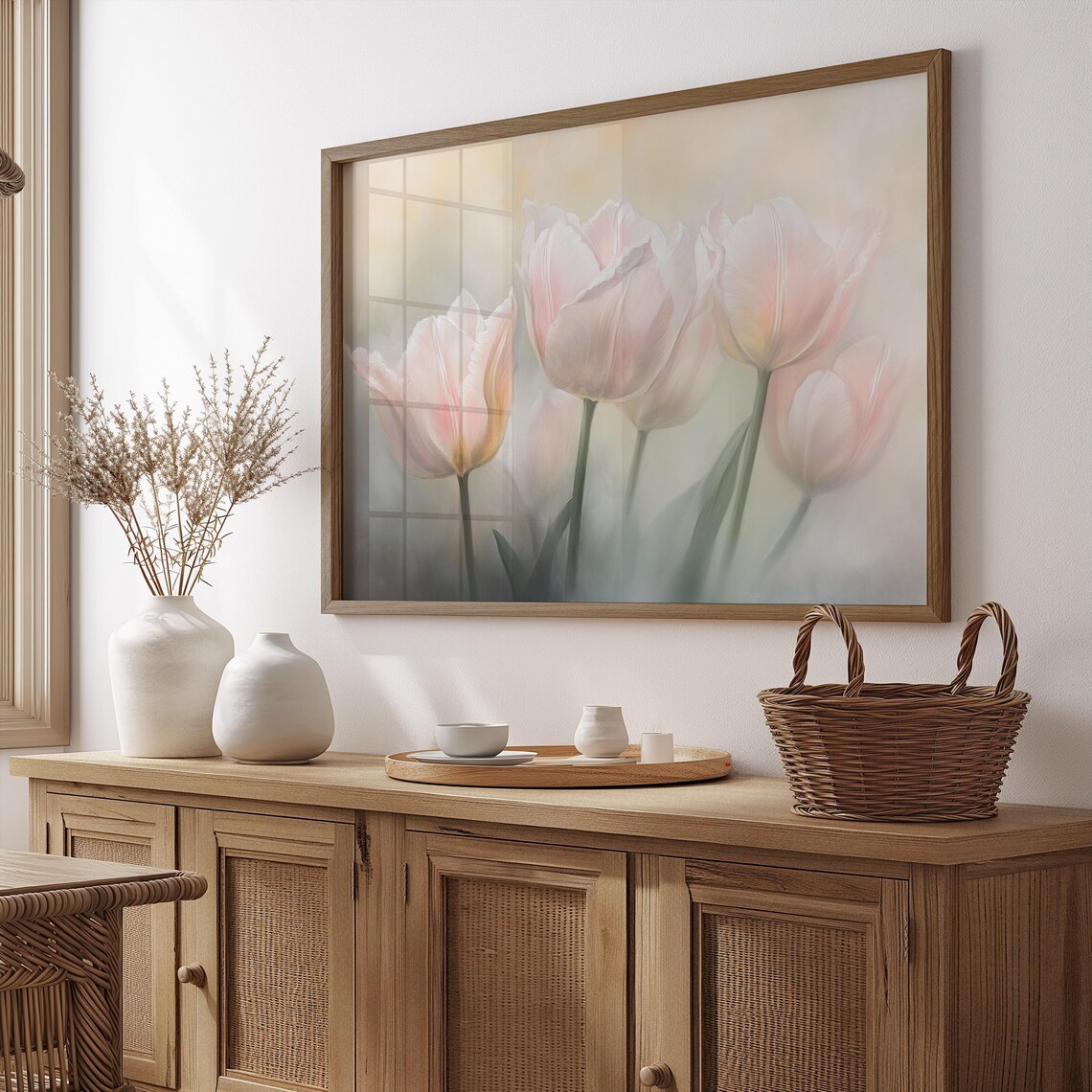 Pale Pink Tulips In Soft Misty Light Dreamy Floral Oil Painting Poster - Image 2