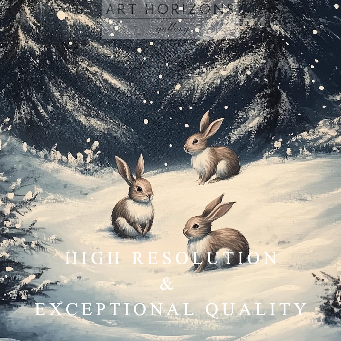 Rabbits Moonlit Snow Forest Night Blue Winter Animal Wall Art Print - Image 3