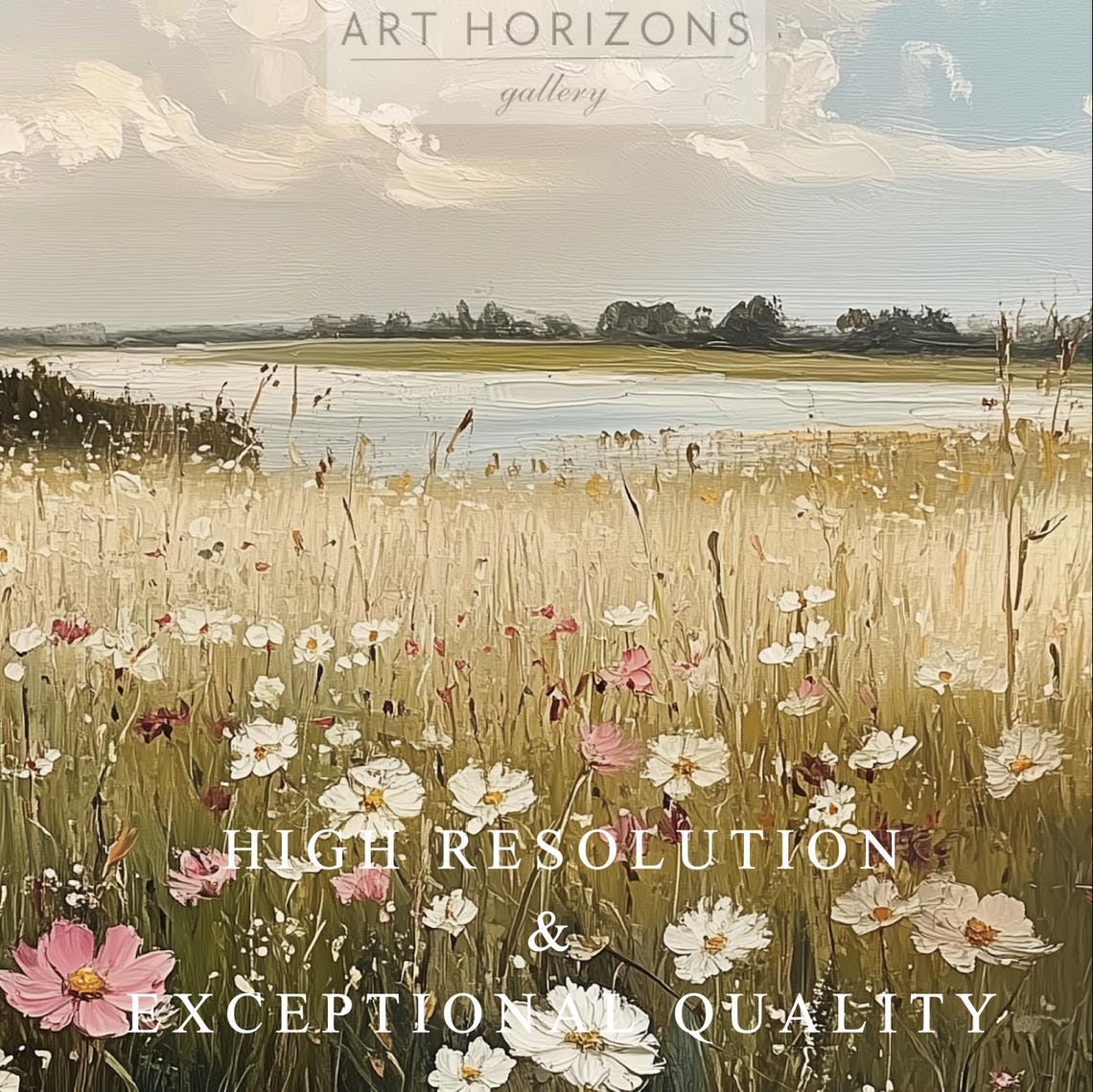 Wildflower Meadow With Cosmos Flowers By A Lake Summer Art Poster - Image 3