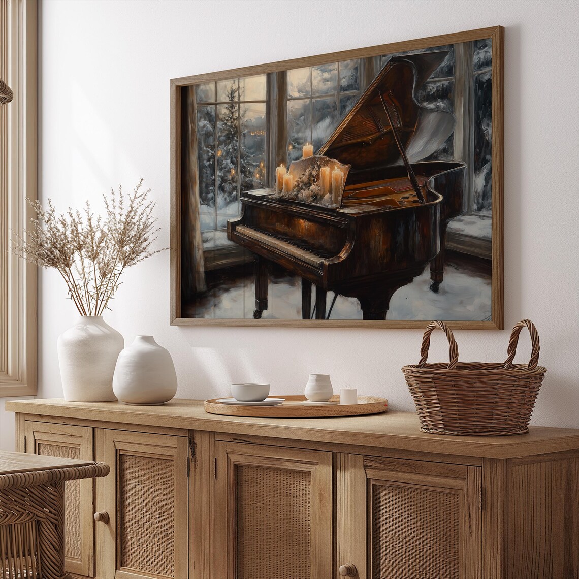 Grand Piano Candles Snowy Window Antique Vintage Music Wall Art Print - Image 2