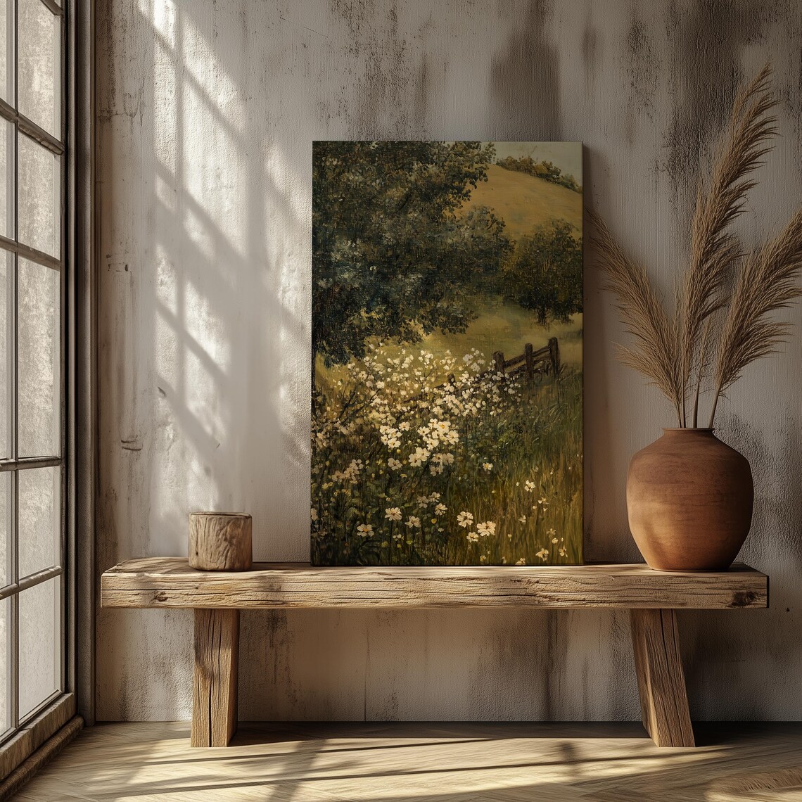 Vintage Village Oil Painting, Rustic Farm Landscape - Image 3
