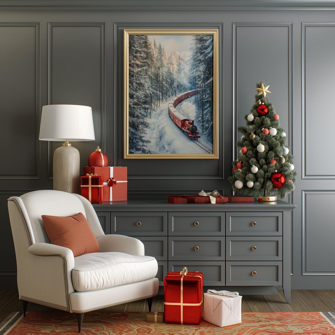 Red Christmas Train Curving Snowy Pine Forest Winter Railroad Wall Art - Image 2