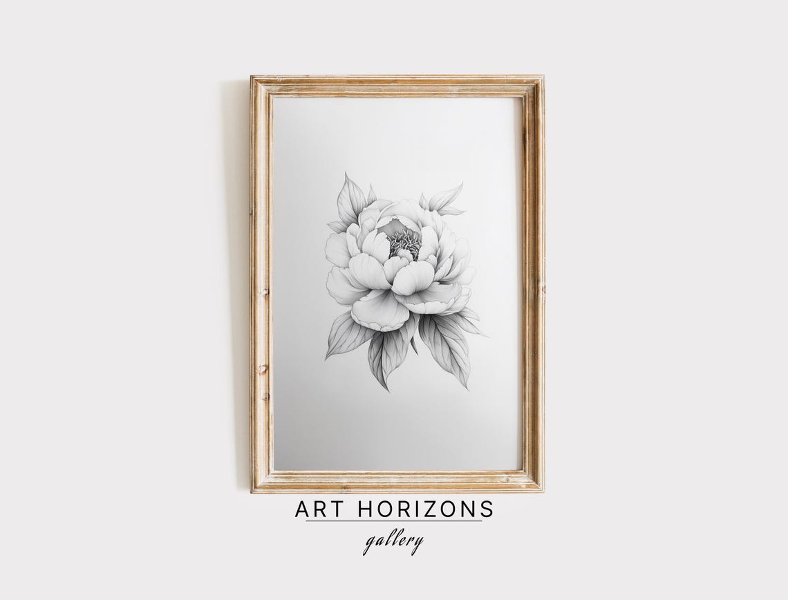 Peony Bloom Detailed Sketch Gray Monochrome Botanical Art Style Poster