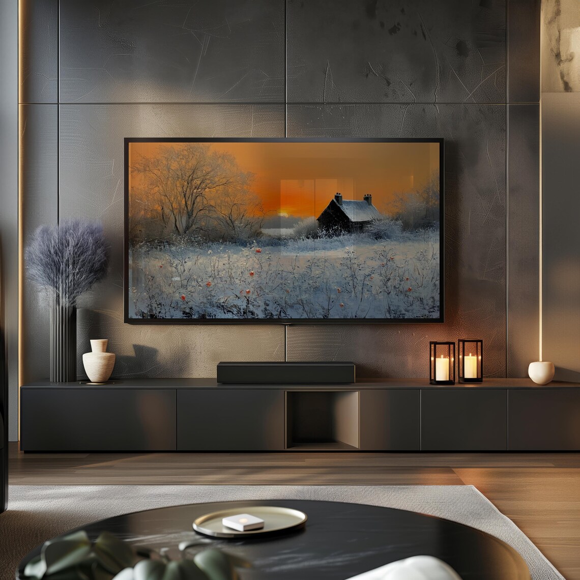 Snowy Farmhouse At Blazing Orange Sunset Winter Frame TV Art Poster - Image 2