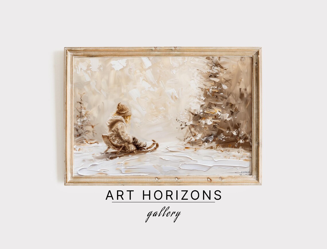 Child On Wooden Sled Snowy Day Vintage Neutral Christmas Art Poster