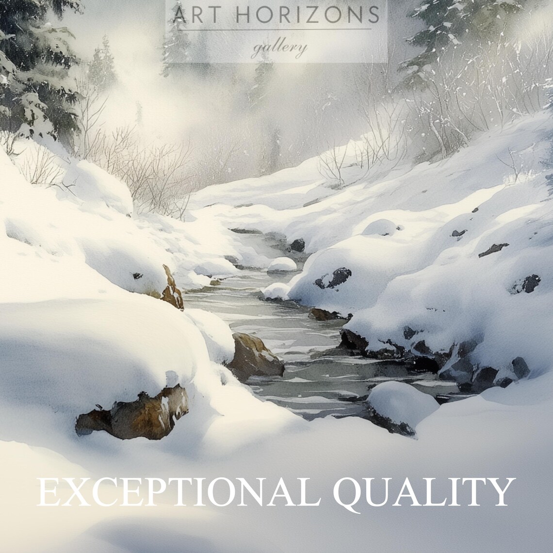 Snowy Winter Stream Misty Pine Forest Mountains Watercolor Poster - Image 2
