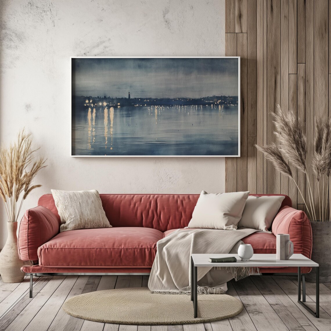 Twilight City Skyline Over Water Golden Lights Night View Poster - Image 2