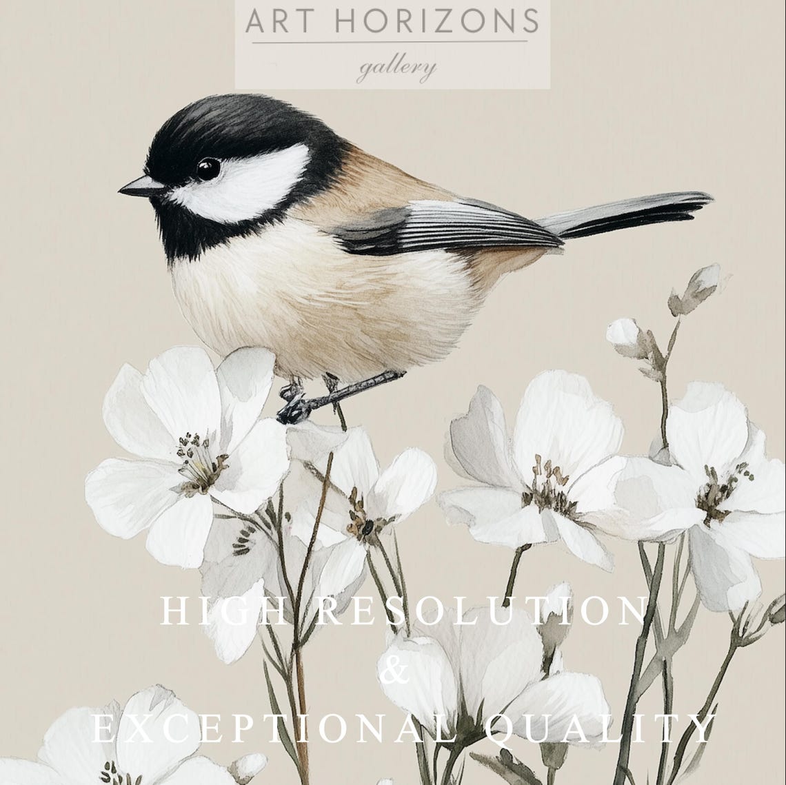 Chickadee Bird White Blossoms Neutral Vintage Botanical Print Poster - Image 4