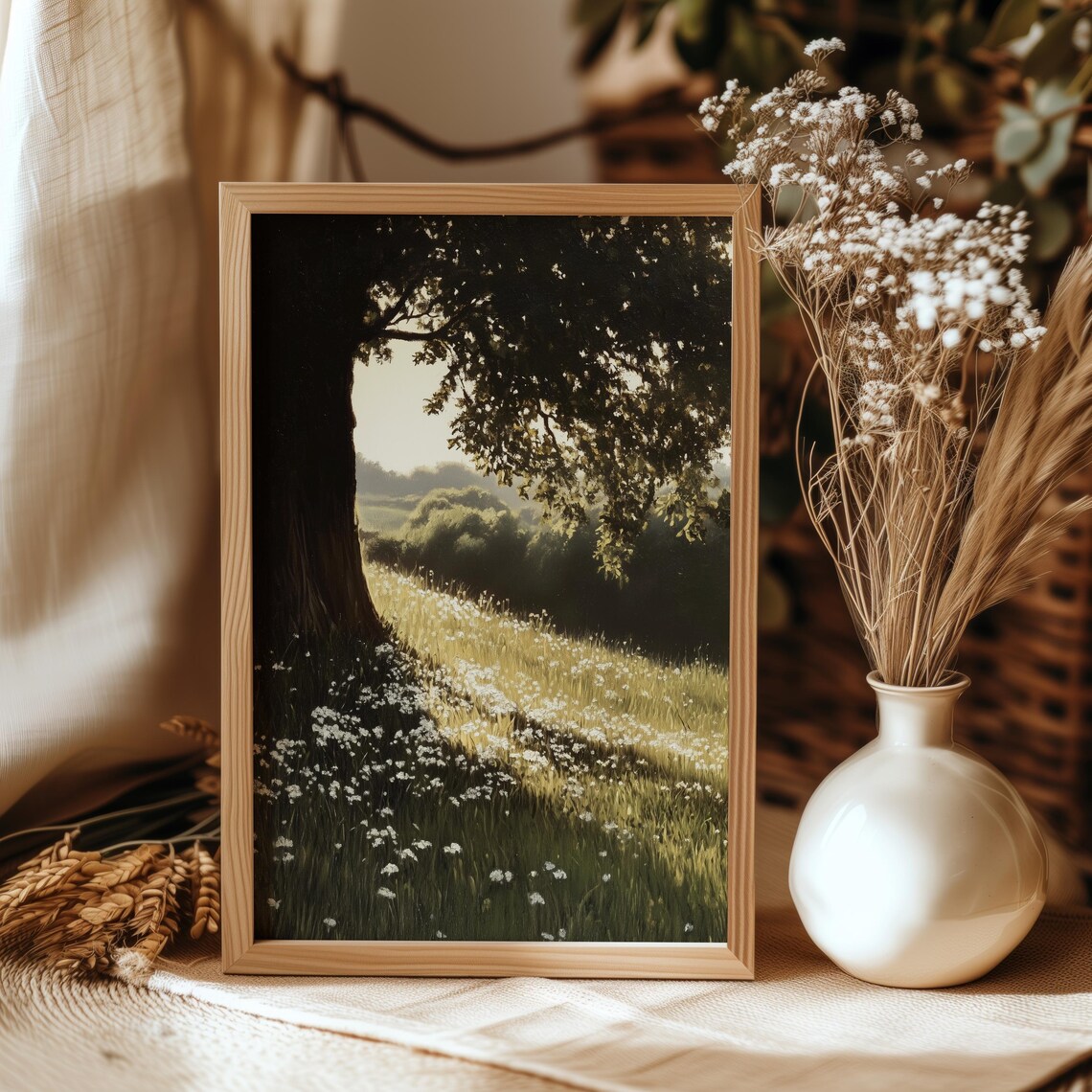 Sunlit Wildflower Meadow Under Big Tree Vintage Pastoral Landscape Art - Image 4