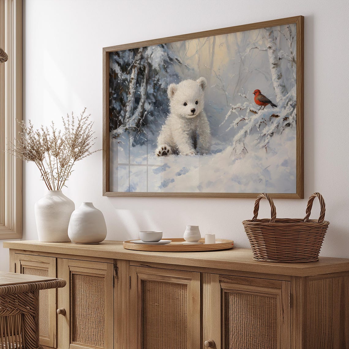 Cute Polar Bear Cub Snowy Forest Red Bird Winter Nursery Poster - Image 4