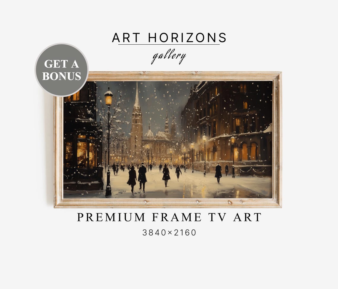 Vintage Winter Town Frame Tv Art Snowy Streets Oil Painting Holiday Home Decor Antique Snowy Village Artwork Art Tv51