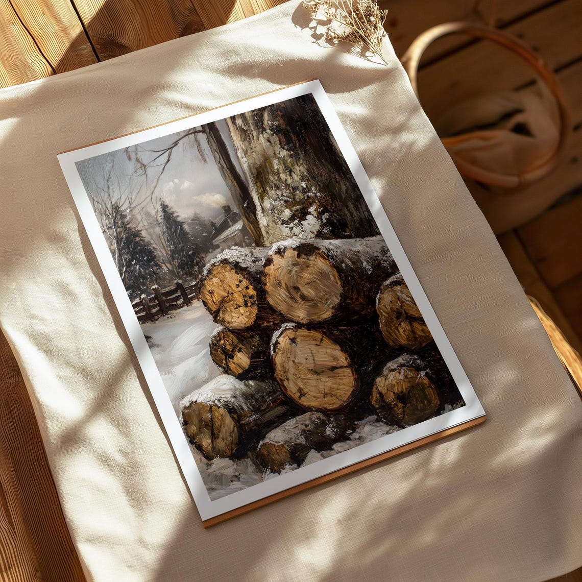 Vintage Winter Oil Painting Pile Of Wood Snow Landscape Farmhouse Cabbin Village Wall Art Firewood Forest Tree Home Decor A309 - Image 4
