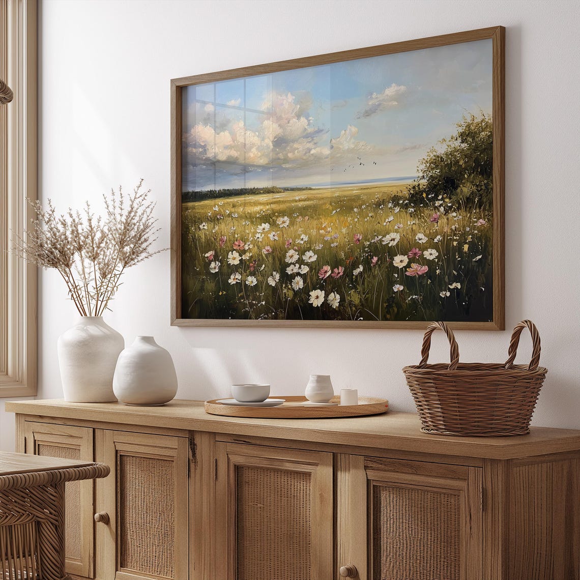 Summer Wildflower Meadow Under Big Clouds Blue Sky Landscape Poster - Image 2