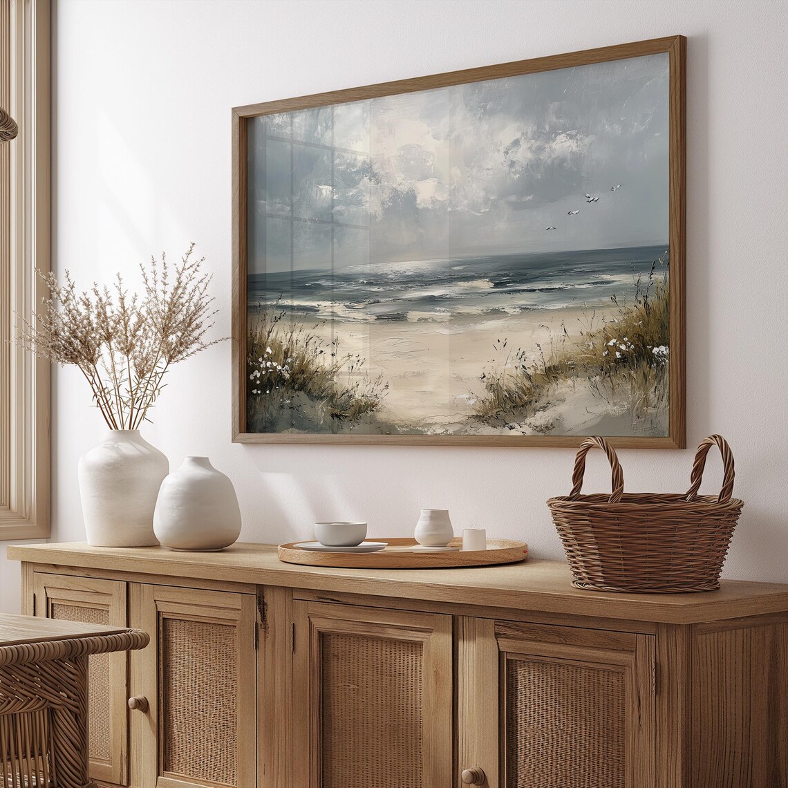 Serene Beach Dunes Seascape With Wildflowers Cloudy Sky Vintage Art Poster - Image 2