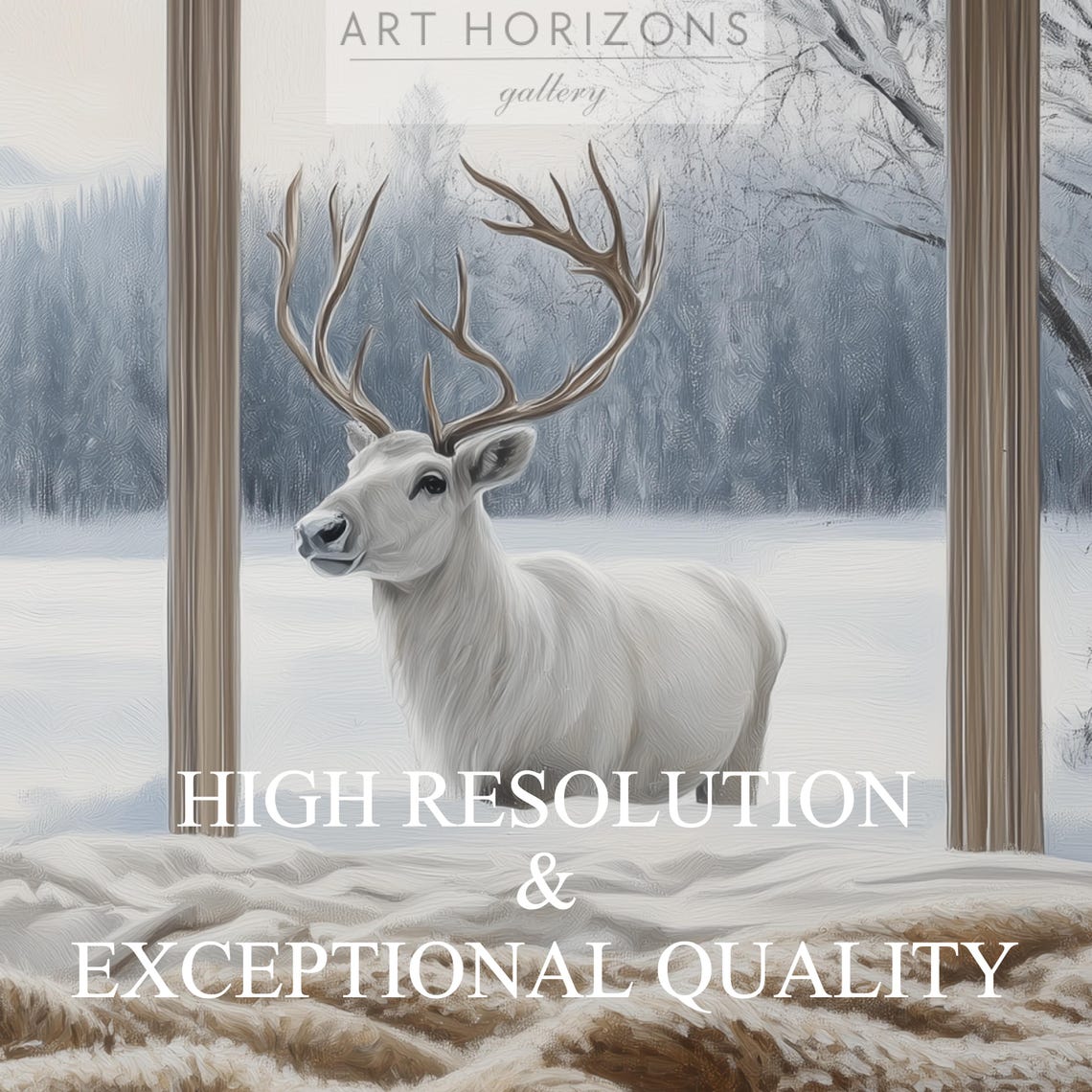 Cozy Bedroom White Deer Snowy Window View Holiday Frame TV Print - Image 3