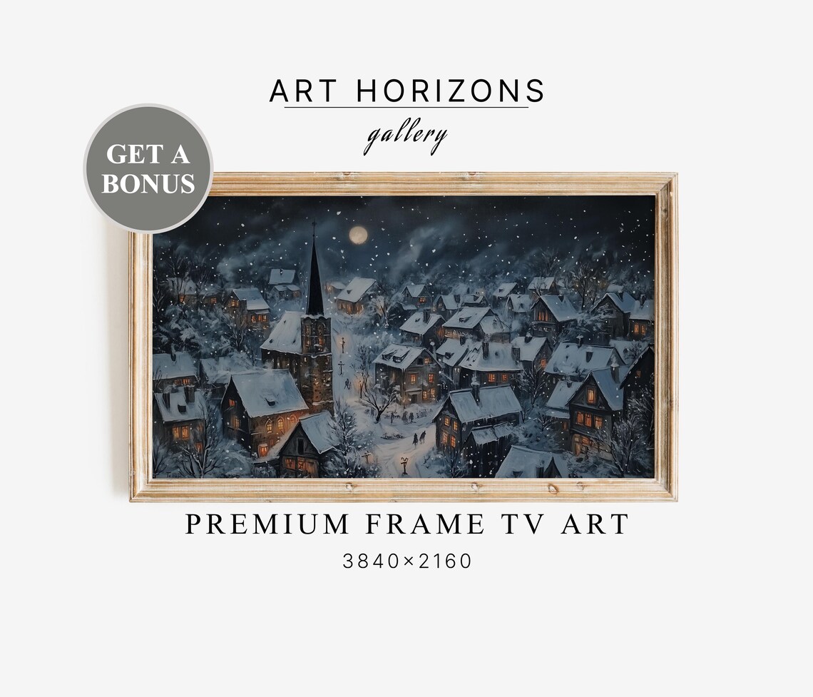 Snowy European Town Night Aerial Church Spire Moon Art Print