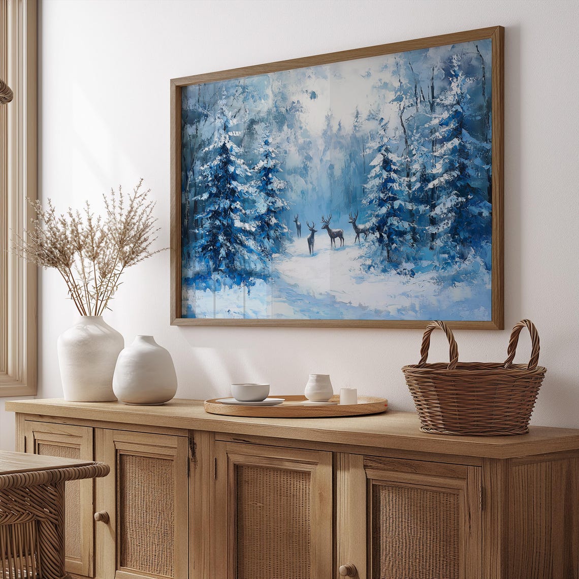 Deer Herd Snowy Blue Pine Forest Winter Impressionist Wall Art Print - Image 4