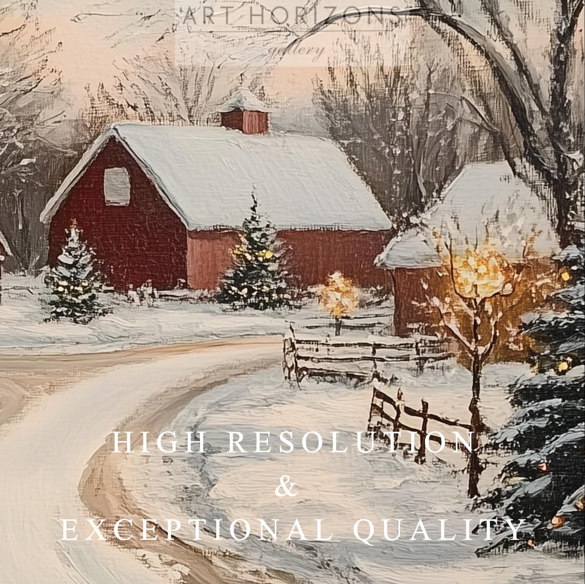 Red Barn Farm At Christmas In Snow With Lit Trees Vintage Art Poster - Image 3