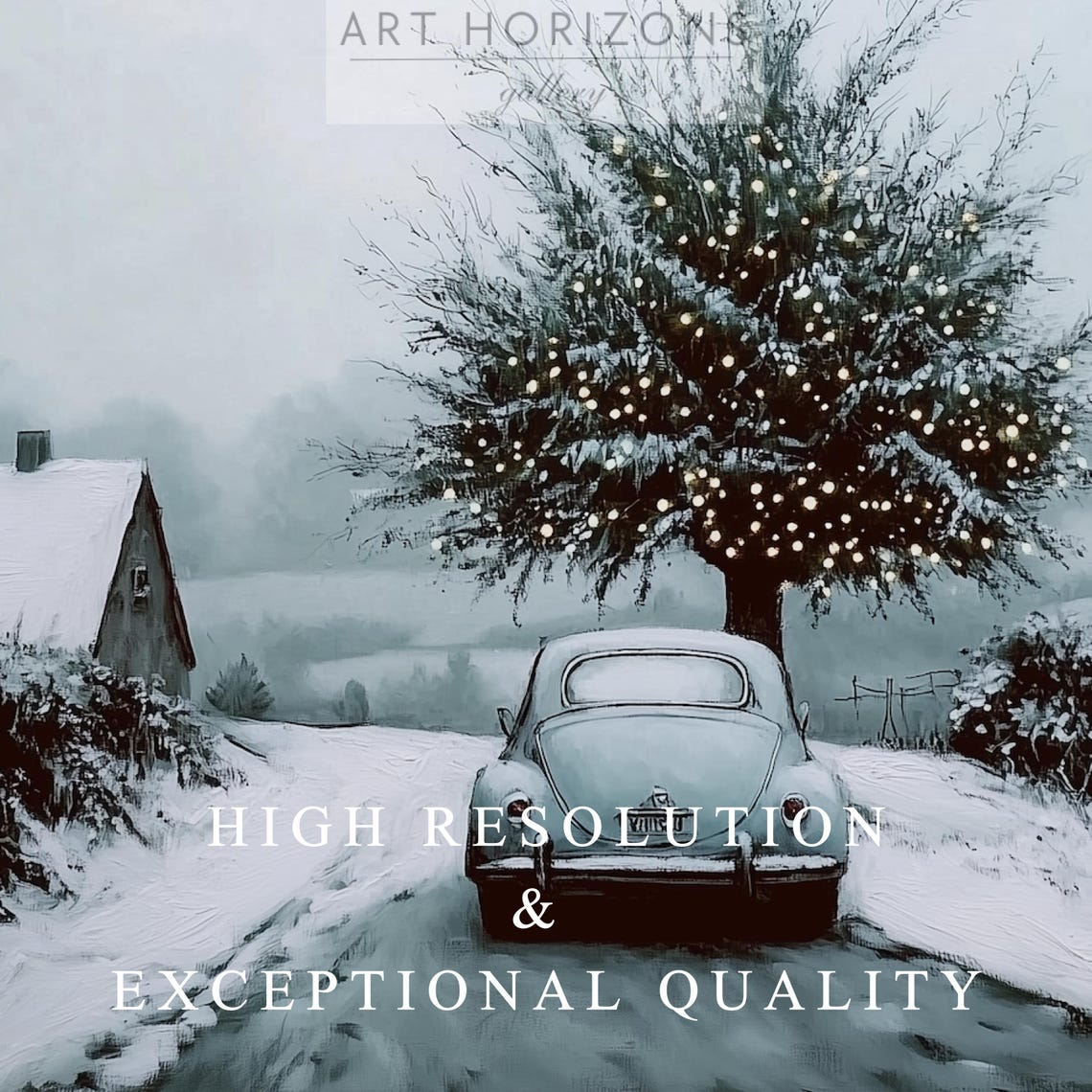 Vintage Blue Beetle Car Snowy Road Winter Tree Minimalist Print - Image 3