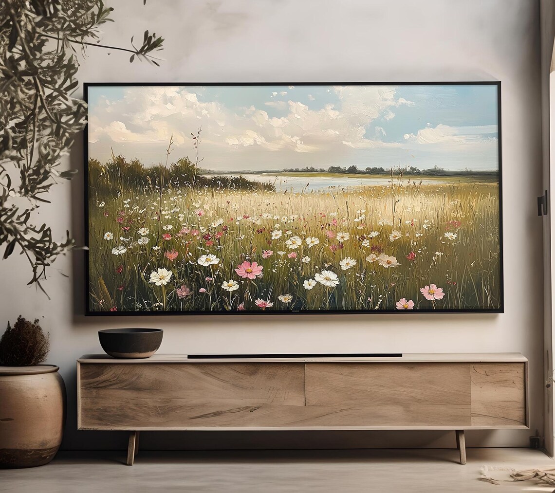 Wildflower Meadow With Cosmos Flowers By A Lake Summer Art Poster - Image 4