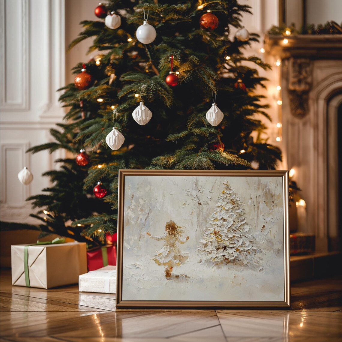Little Girl Running To Snowy Christmas Tree White Winter Print - Image 3