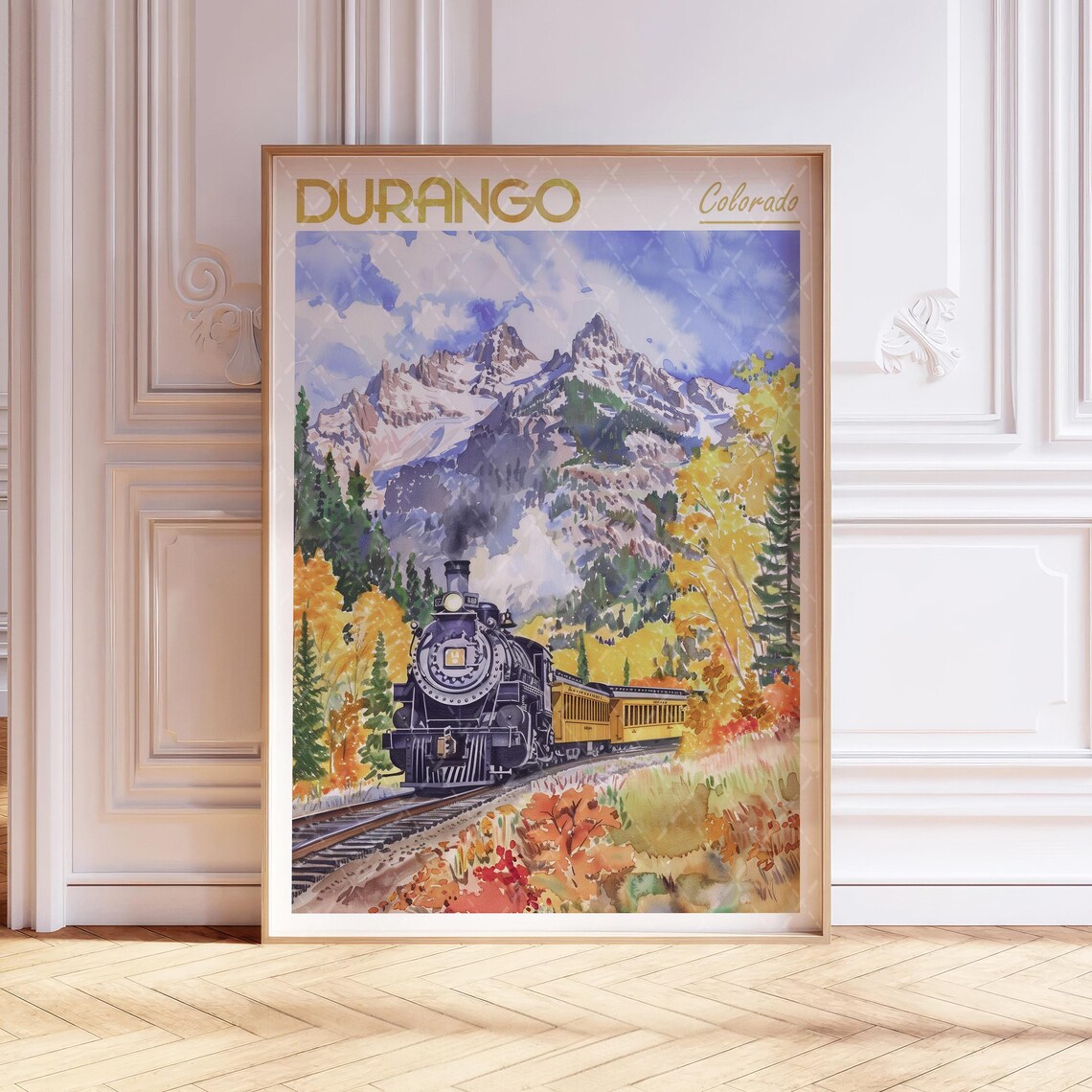 Durango Colorado Watercolor Poster of Steam Train in Autumn Mountains