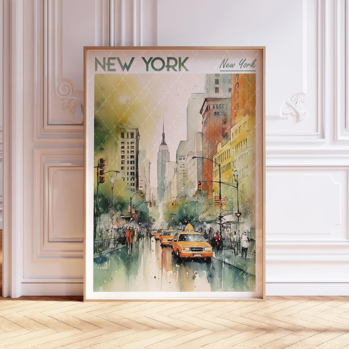 New York City Taxis Street Scene Watercolor Travel Art Poster