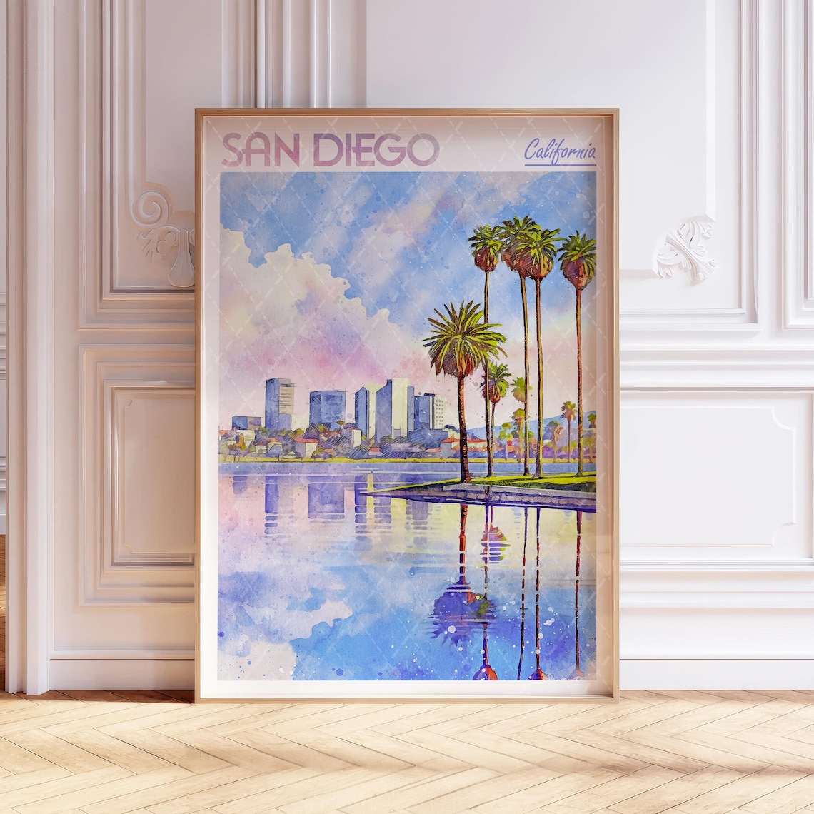 San Diego California Palm Trees Watercolor Travel Art Poster