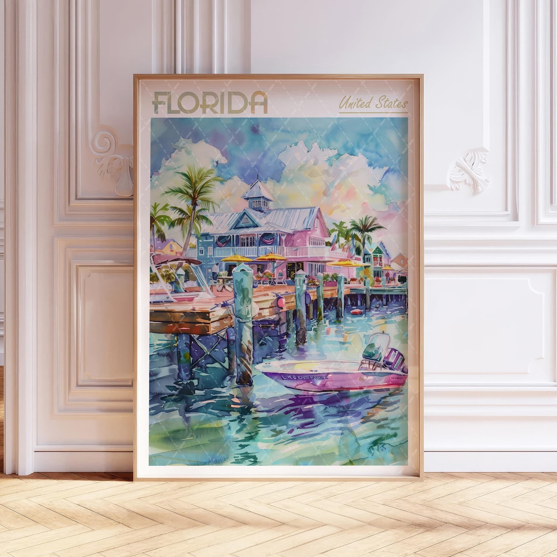 Florida Marina Waterfront Colorful Boats Watercolor Travel Poster