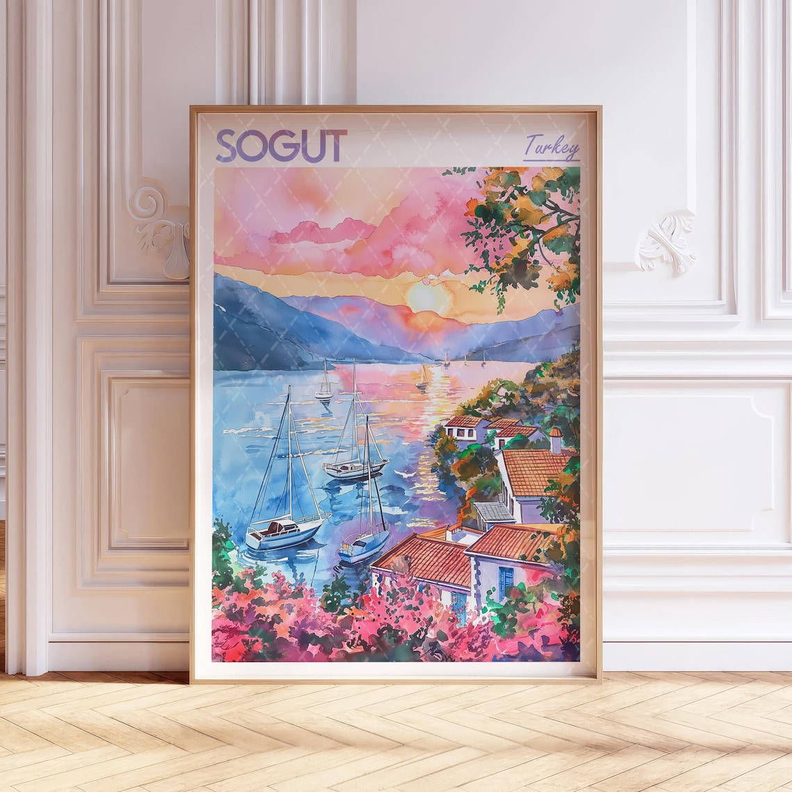 Sogut Turkey Travel Poster Harbor Sailboats Sunset Watercolor Art