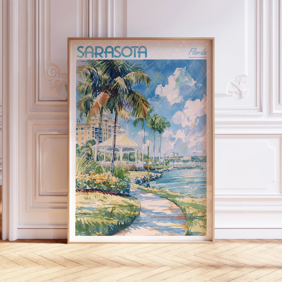 Sarasota Florida Waterfront Palm Trees Watercolor Travel Poster