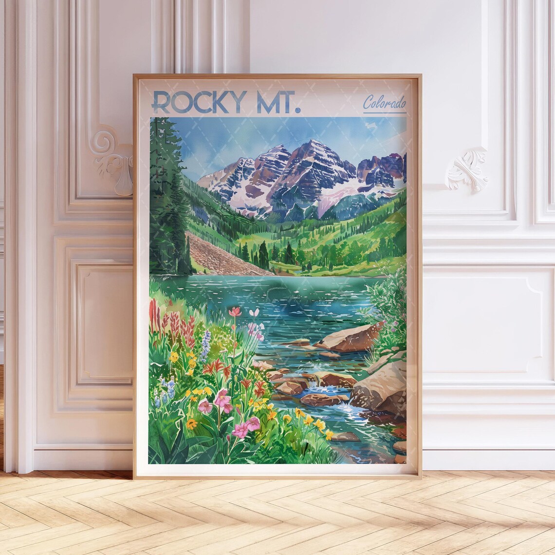 Rocky Mountain Colorado Watercolor Wildflower Lake Travel Poster