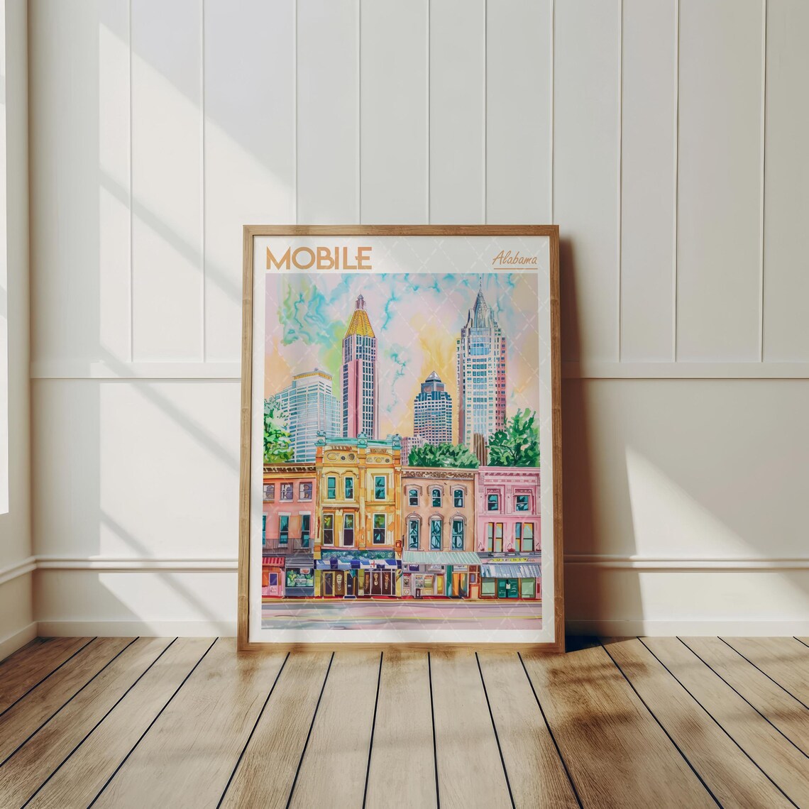 Mobile Alabama Watercolor Art Print, Downtown City