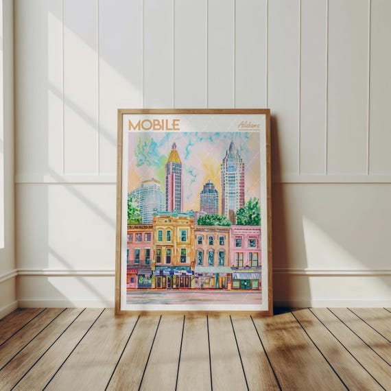 Mobile Alabama Watercolor Art Print, Downtown City