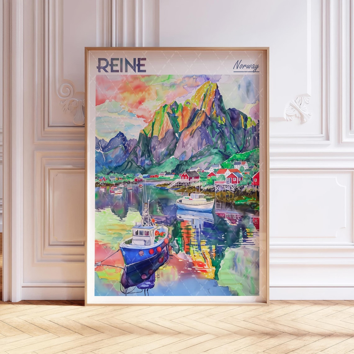 Reine Norway Watercolor Travel Poster of Boats Mountains Fjord Village