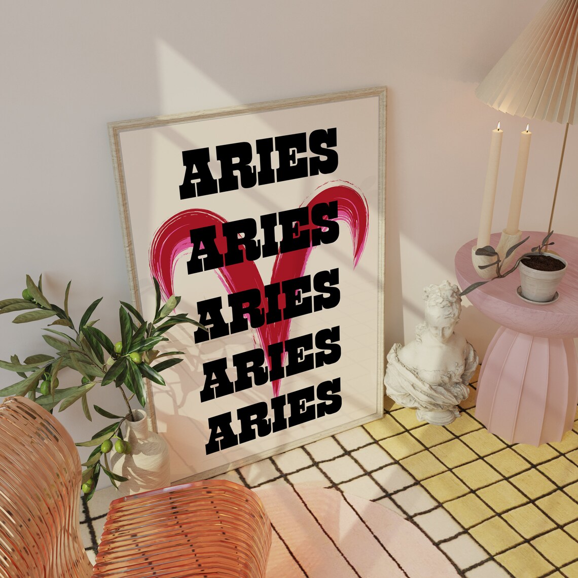 Aries Retro Western Typography Red Zodiac Star Sign Birthday Wall Poster