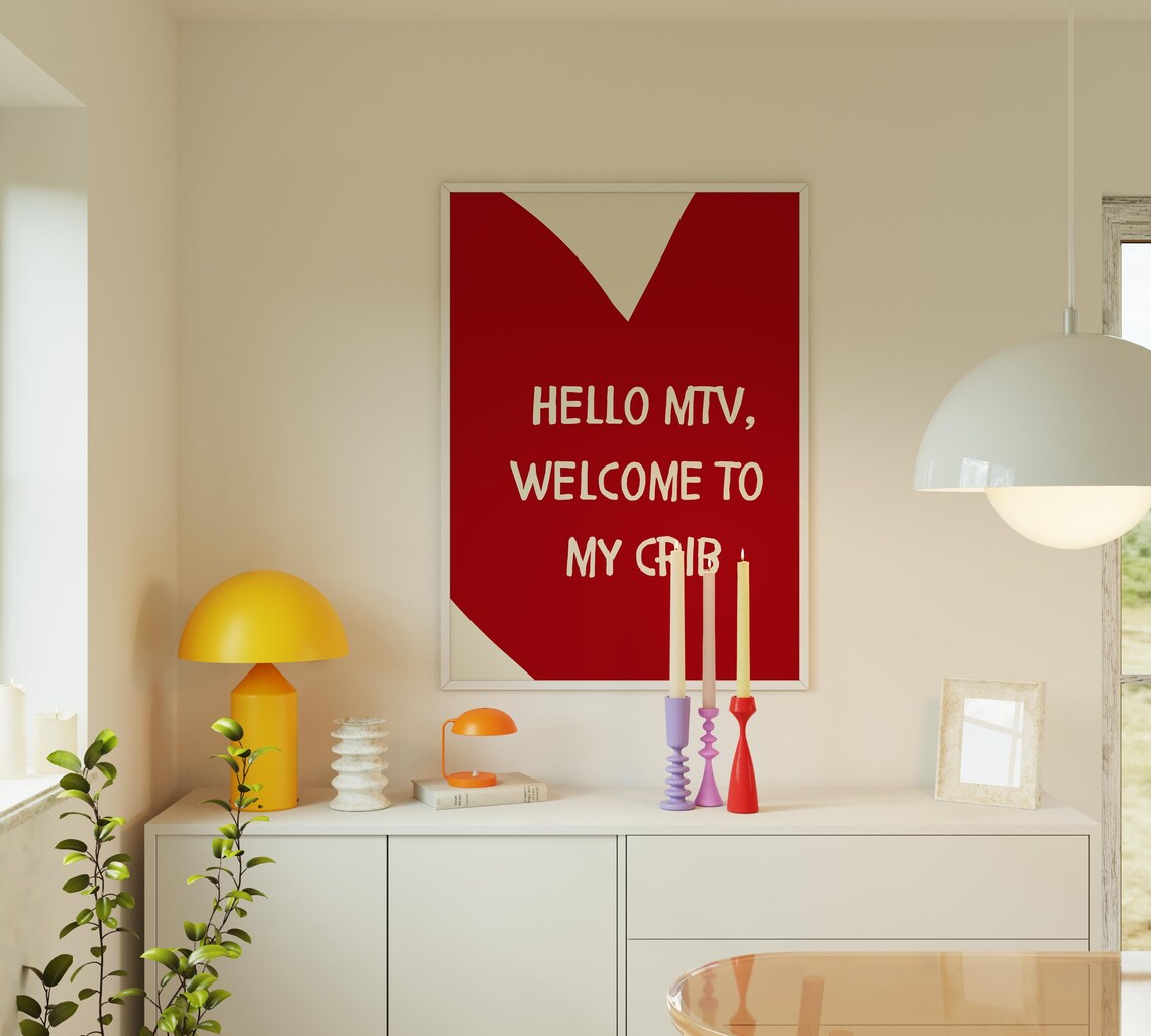 Hello MTV Welcome to My Crib Funny Retro Pop Culture Red Doodle Poster - Image 3