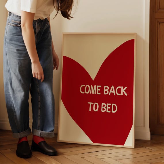Come Back To Bed Print Red Heart Bedroom Poster Cute Quote Poster Fun Typography Print Sleep Print Housewarming Gift Best Gift