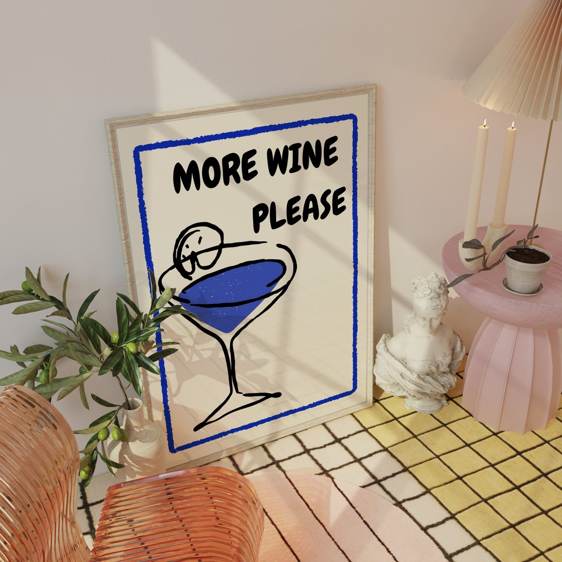 More Wine Please Blue Cocktail Glass Kitchen Poster for Bar Wall Decor - Image 4