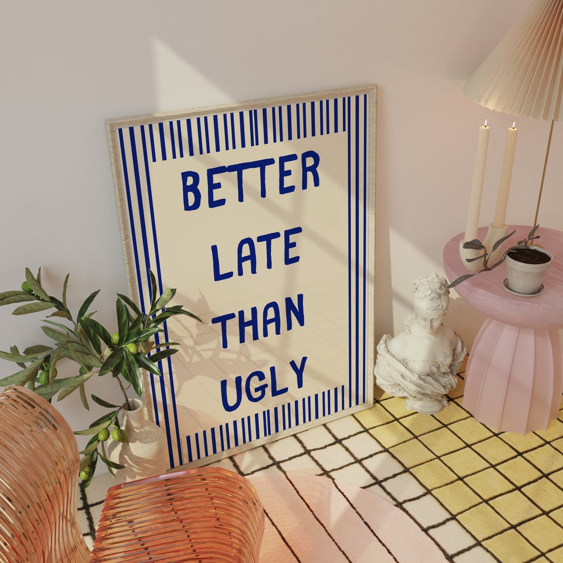 Better Late Than Ugly Sassy Blue Striped Funny Typography Wall Poster - Image 4