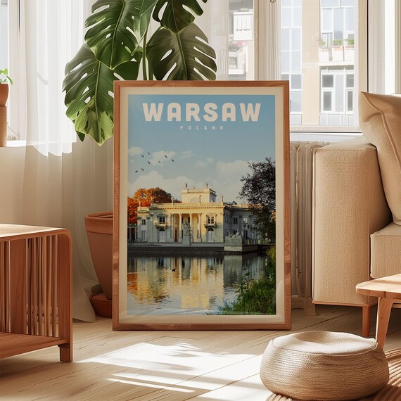 Warsaw Poland Lazienki Park Palace Travel Poster Vintage Autumn Lake View