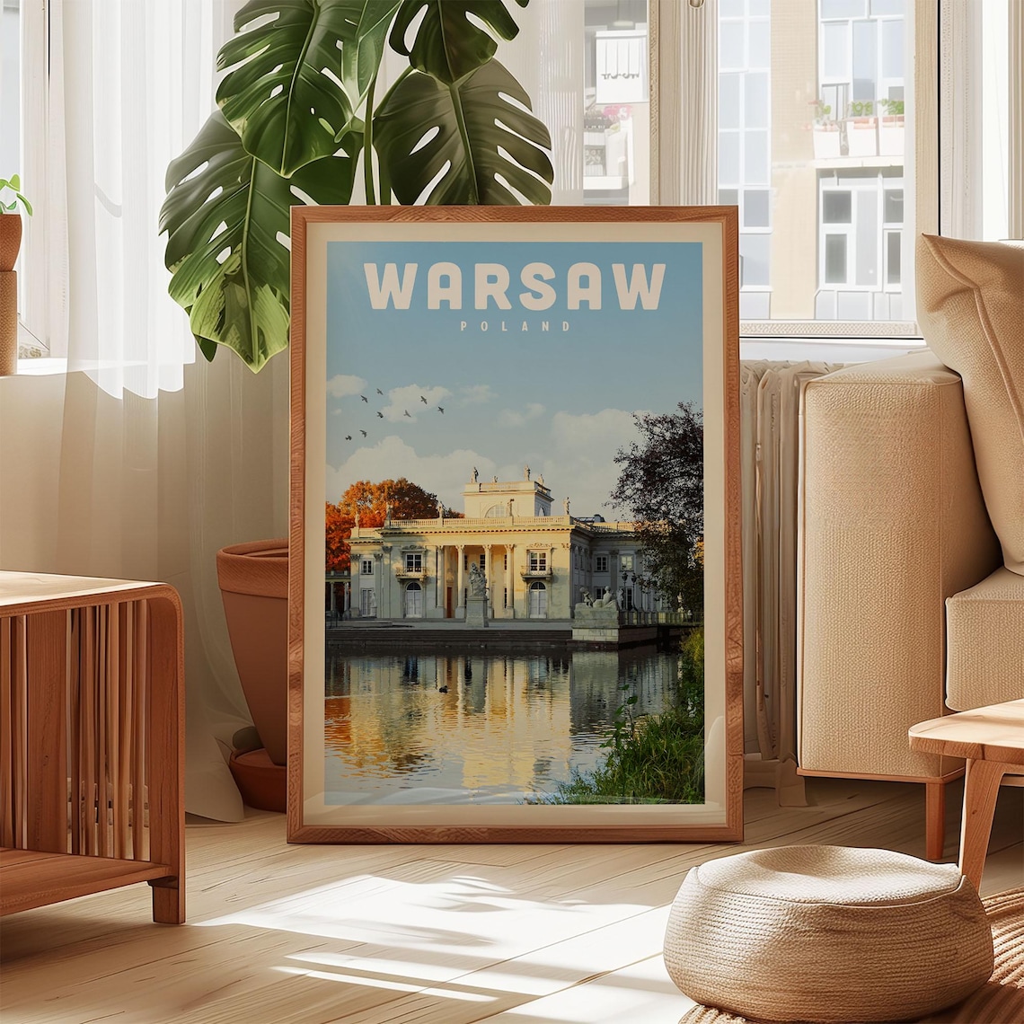 Warsaw Poland Lazienki Park Palace Travel Poster Vintage Autumn Lake View