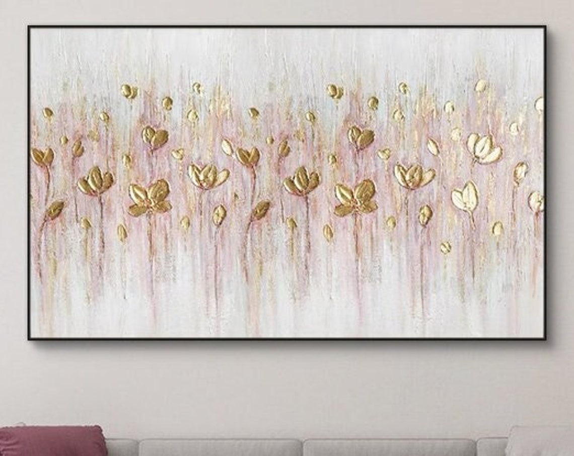 Gold Leaf Blossom Floral Oil Painting On Gold Flower Art Hand Painted Texture Painting Palette Knife Painting Living Room Wall Art